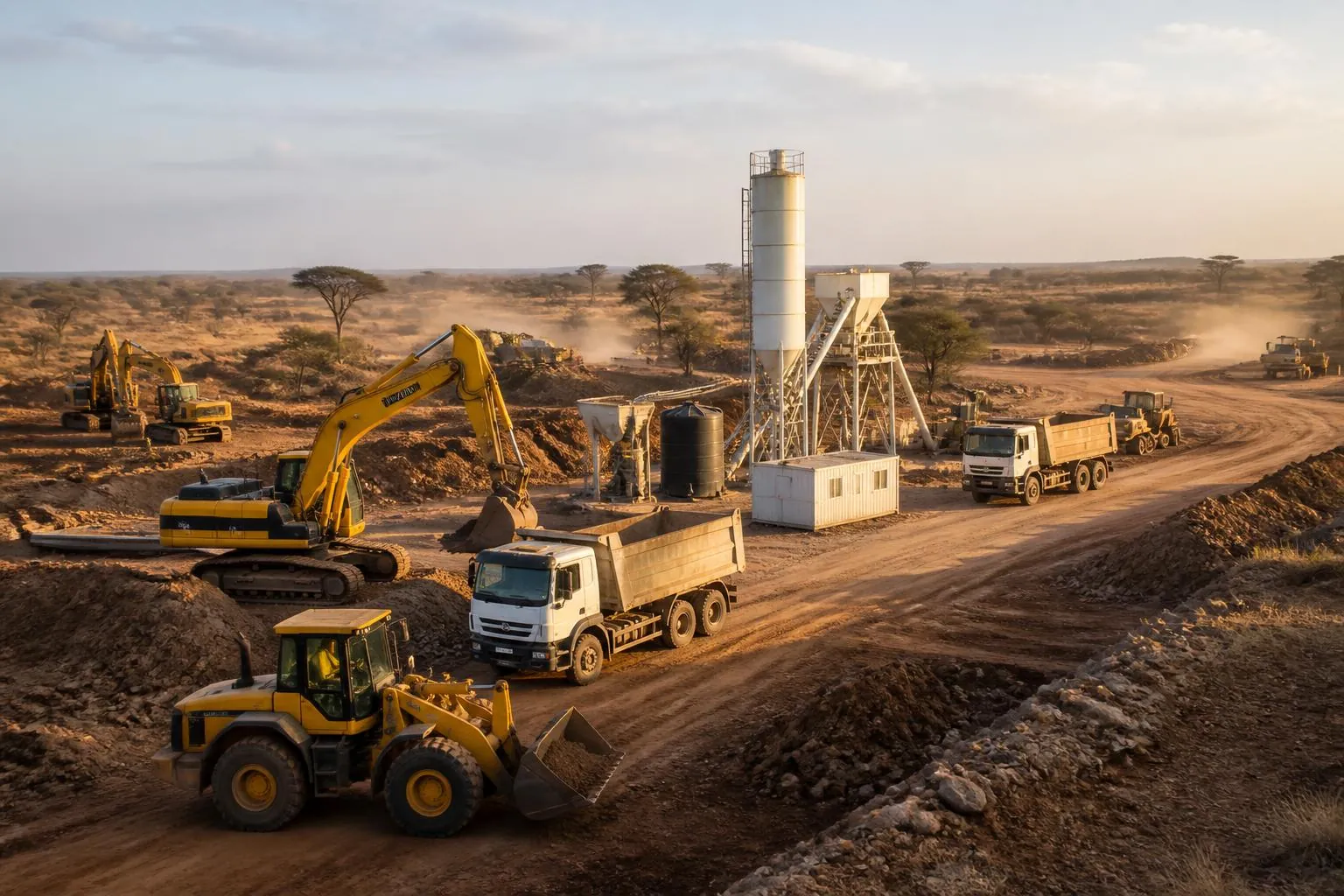 Afrika'da bir altyapı şantiyesinde iş makinası filosu ve beton santrali